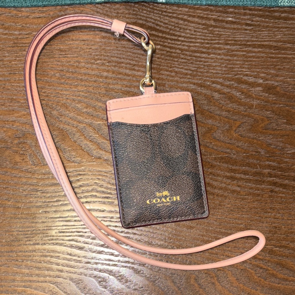 Coach Pink and Brown Card Holder with Lanyard